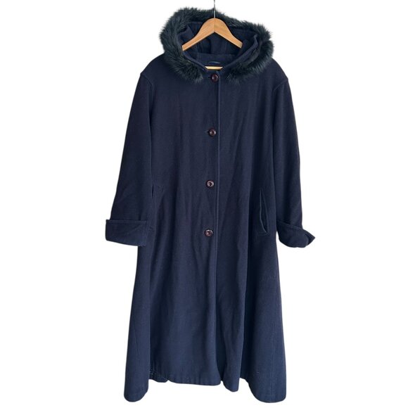 Vintage Eaton’s Utex Wool Cashmere Navy Blue Long Coat Fur Hood Lined Sz 14 - Picture 1 of 7